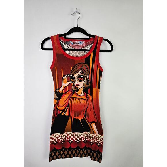 SMASH Sleeveless Cotton Dress Size Small Graphic Art Print Retro Mod Style Artsy - Picture 2 of 11
